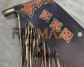 Hand Tooled Leather Rodeo Chaps: Western Fringe, Bull Riding