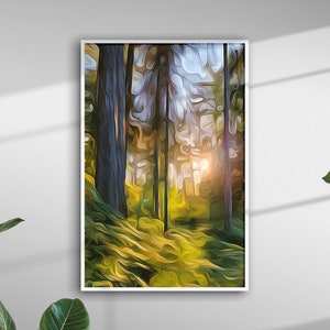 Puede incluir: Una pintura que representa una escena de bosque con árboles altos y un camino que conduce hacia el bosque. El sol brilla a través de los árboles, creando un brillo cálido. Los colores son principalmente verde, amarillo y azul.