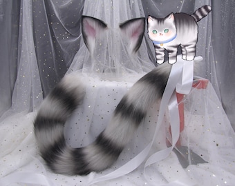 Cosplay Cat Ears and Tail : Grey/Blue Tabby
