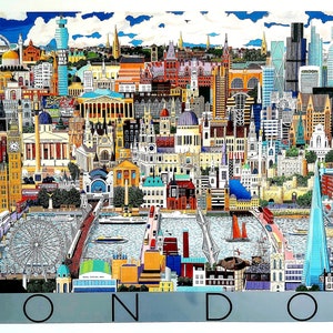 Puede incluir: Una ilustración colorida del horizonte de Londres, con monumentos emblemáticos como el Big Ben, el London Eye y el Shard. La imagen está llena de colores vibrantes y detalles intrincados, creando una representación caprichosa y encantadora de la ciudad.