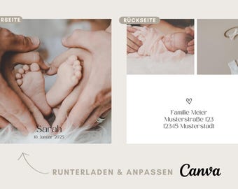 Biglietto di ringraziamento stampabile per la nascita di un bambino | biglietto personalizzato con foto, date di nascita e testo | modello digitale Canva