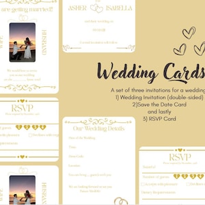 Könnte beinhalten: Ein Set von Hochzeitskarten mit goldenem und weißem Design. Das Set enthält eine doppelseitige Hochzeitseinladung, eine Save-the-Date-Karte und eine RSVP-Karte. Die Einladung zeigt ein Foto eines Paares.