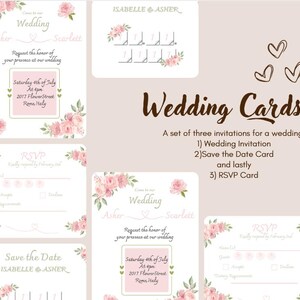 Könnte beinhalten: Ein Set von Hochzeitskarten mit floralen Akzenten. Die Karten umfassen eine Hochzeitseinladung, eine Save-the-Date-Karte und eine RSVP-Karte. Die Einladung zeigt die Namen Asher und Scarlett sowie Datum und Ort der Hochzeit.