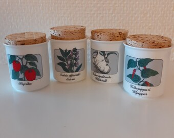 Arabia of Finland - 4 spice jars original cork stopper Finland 1980,paprika,salvie,white pepper,garlic salt
