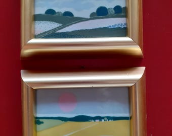Norwegian art tiles porsgrunn porcelain cornfield pink sky landscape sun handpainted Norway Anne Marie Odegaard