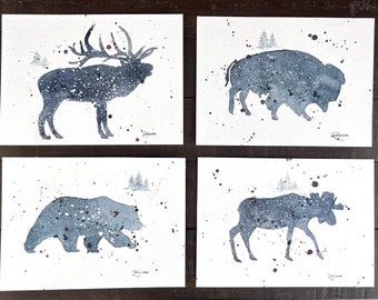 Wild Animal Silhouettes, Wild Life Watercolor, Bison Art, Elk Art, Bear Art, Moose Art, Abstract Animal Painting, Cabin Wall Art Decor