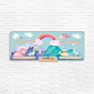 Tonie shelf - dinosaurs in front of mountains with rainbow - customizable - children&#39;s room shelf for Tonie figures with your desired name