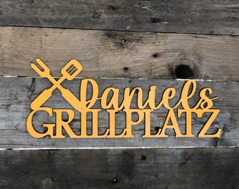 Schriftzug Grillplatz personalisiert, Holz, Schriftzug, Geschenk