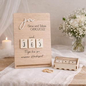Personalisierter Hochzeits-Countdown aus Holz | Countdown bis zur Hochzeit | Holzaufsteller mit Namen & Datum | Geschenk für Brautpaar