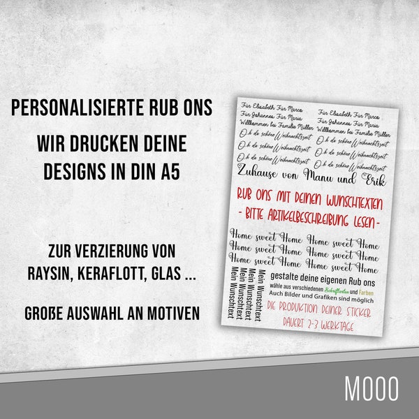 Erstelle deine eigenen randlose Rub on Sticker mit deinen Wunschtexten, personalisiert, verschiedene Schriftarten und Farben möglich