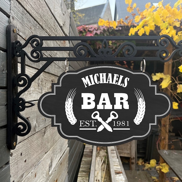 Vintage Holzschild mit Wandhalter - Bar mit Wunschnamen personalisierbar