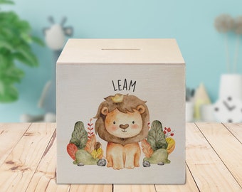 Pretty wooden money box, can be personalized with your desired name, motif 01 lion