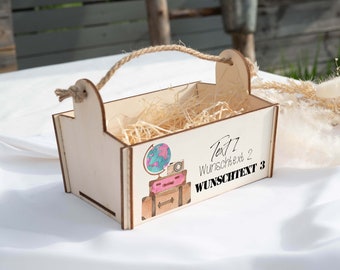 Geschenkkorb mit Holzwolle, Geschenkbox, personalisiert, Präsentkorb, Bausatz mit Motiv 17 Koffer Rente Ruhestand