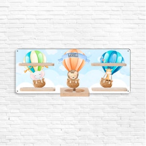Tonie shelf - elephant, lion and giraffe in hot air balloons - customizable - children&#39;s room shelf for Tonie figures with your desired name