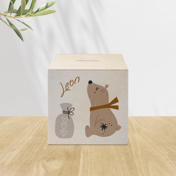 Jolie tirelire en bois, personnalisable avec le prénom de votre choix, motif 99 petit ours