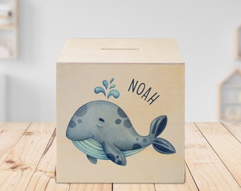 Pretty wooden money box, can be personalized with your desired name, motif 03 whale