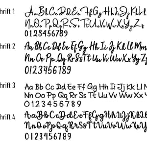 May include: Four different font styles are shown in black ink on a white background. Each font style includes the alphabet in uppercase and lowercase letters, as well as the numbers 0 through 9. The text "Schrift" is used to label each font style.