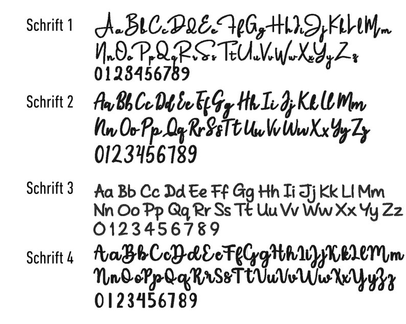 May include: Four different font styles are shown in black ink on a white background. Each font style includes the alphabet in uppercase and lowercase letters, as well as the numbers 0 through 9. The text "Schrift" is used to label each font style.