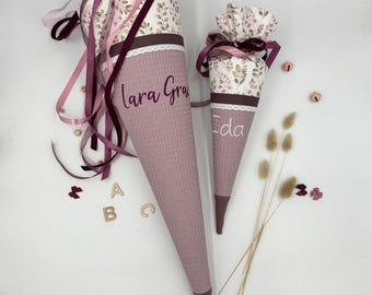 School cone with floral pattern in antique rose – personalizable with name – 70 cm or 35 cm sibling school cone – hand-sewn