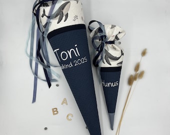 Personalized school cone with name - waffle pique fabric, sea animals, smoky blue