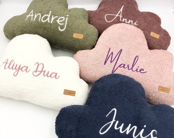 Cloud cushion with name made of terry cloth, 20 different colors