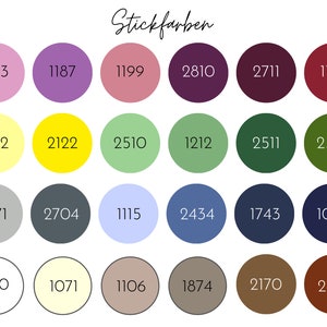 May include: A chart of 18 different paint colors with their corresponding color codes. The colors include shades of pink, purple, red, yellow, green, blue, gray, brown, and beige.