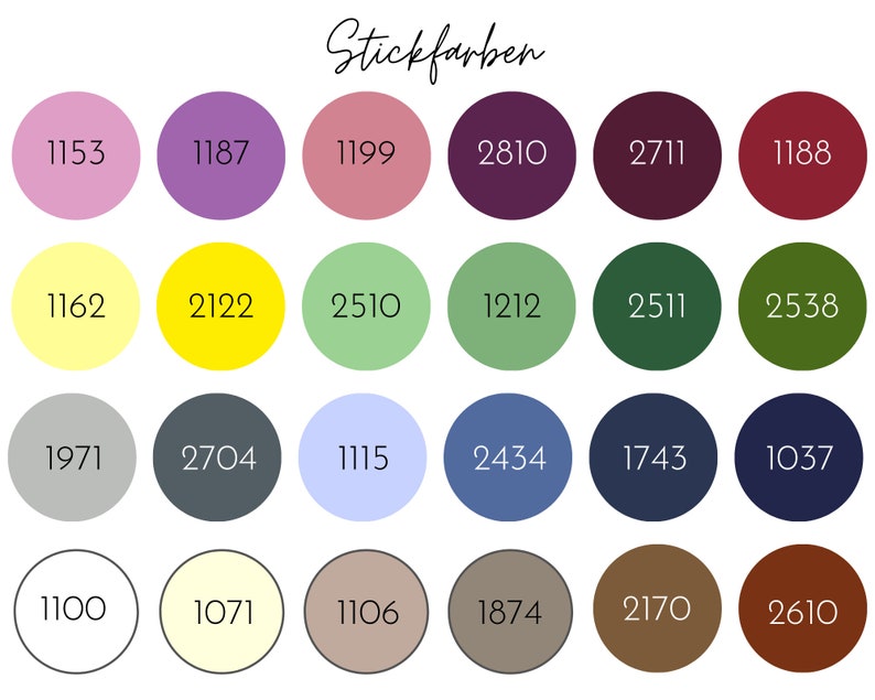 May include: A chart of 18 different paint colors with their corresponding color codes. The colors include shades of pink, purple, red, yellow, green, blue, gray, brown, and beige.