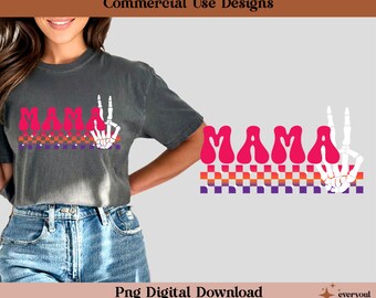 Retro Mama Halloween Checkered Skeleton Hands Bright Png | Funny Halloween | Sublimation Design | DTF Design | Digital Download ONLY