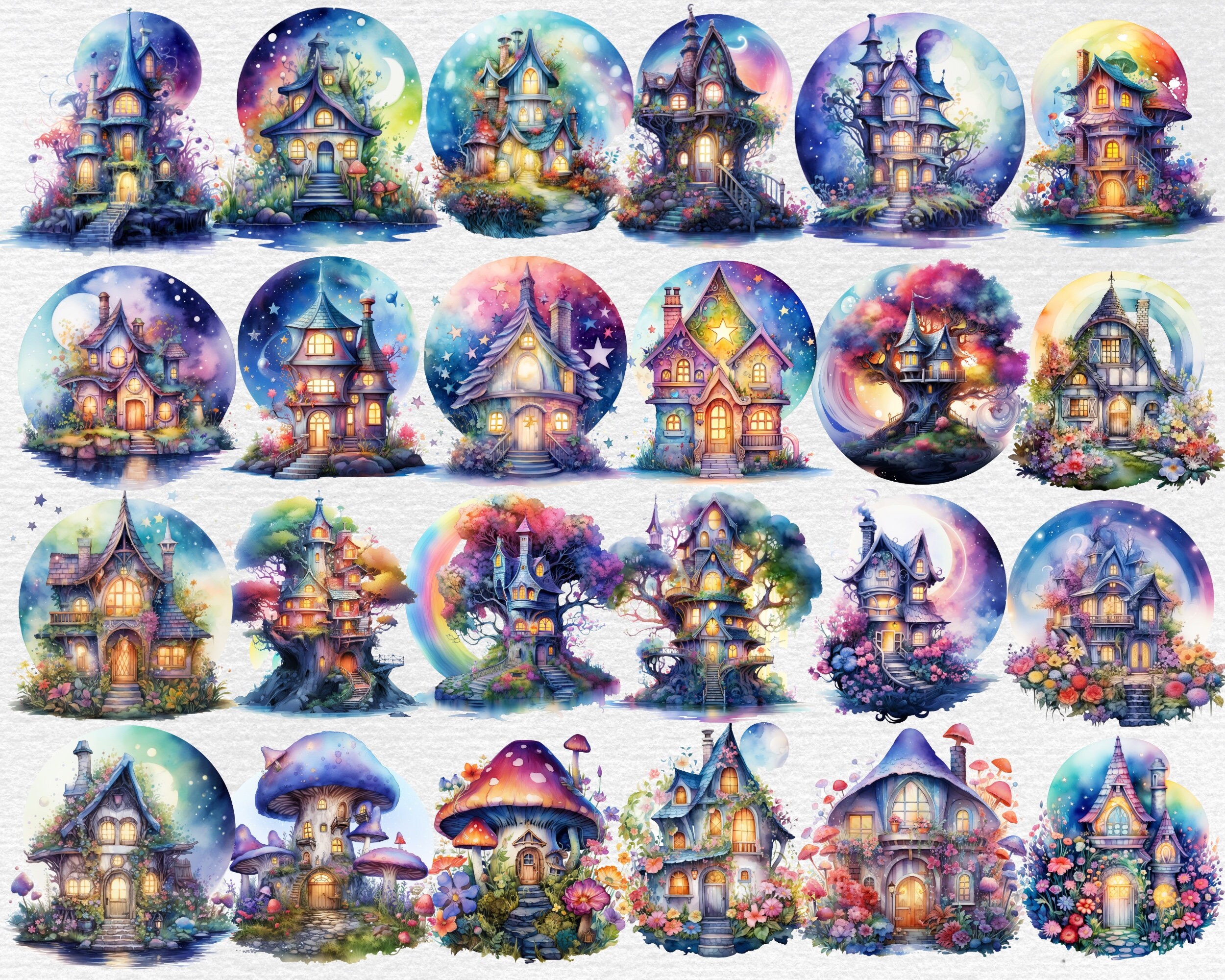 Moonlight Fairy Houses Watercolor Clipart Bundle 170 Colorful Magical ...