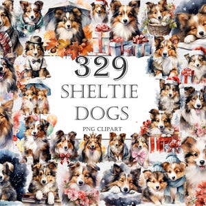 Sheltie Dogs Watercolor Clipart Bundle - 329 PNG Cartoon Images, Cute Dog Graphics, Sheltie Puppy, Instant Digital Download, Commercial Use