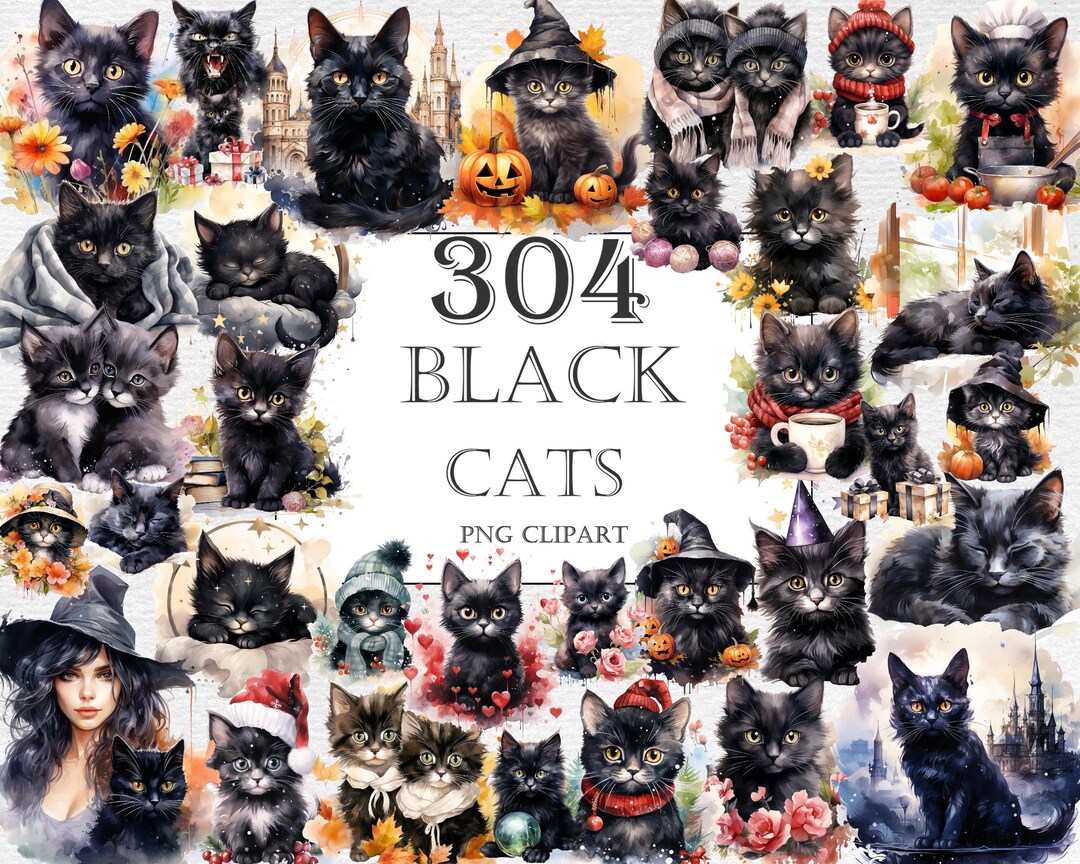 Black Cats Watercolor Clipart Bundle - 304 PNG Adorable Images, Cute ...