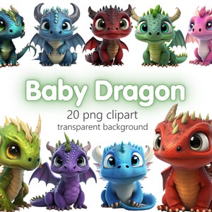 May include: A collection of cartoon baby dragons in various colors, including blue, green, red, and purple. Each dragon has large eyes, horns, and wings. The text "Baby Dragon" is displayed above the dragons, with "20 png clipart transparent background" below.