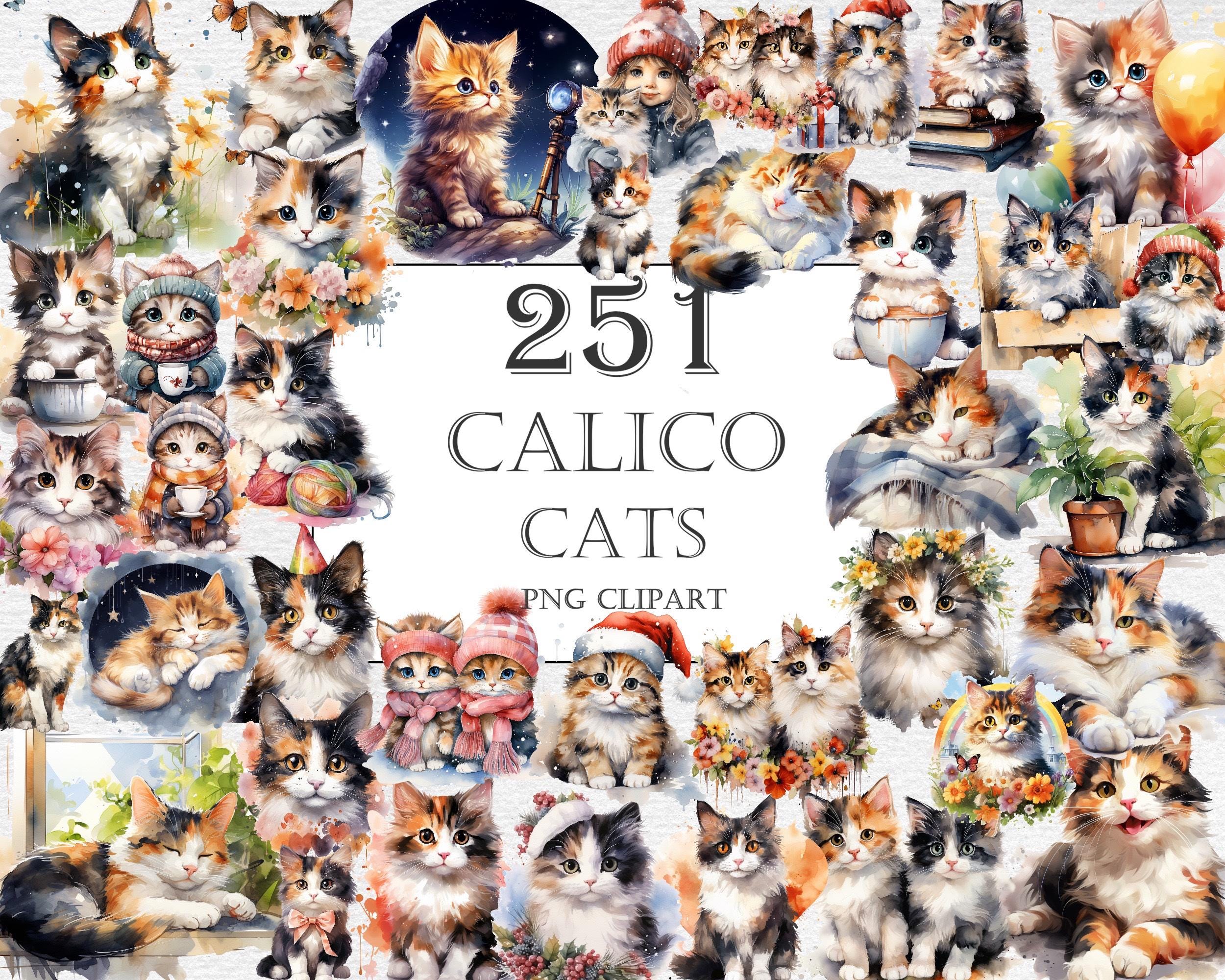 Calico Cats Watercolor Clipart Bundle - 251 PNG Adorable Images, Cute ...