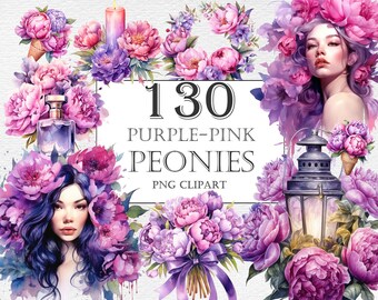 Pink & Purple Peonies Watercolor Clipart, Summer flowers clipart, Peonies Bundle, Free Commercial Use, PNG flowers, Peony clipart png