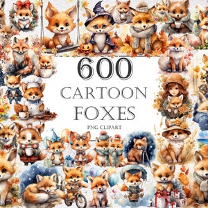 Bundle de cliparts aquarelle renards - 600 PNG mignon forêt renard sournois Images, graphiques de créature des bois, téléchargement numérique instantané, usage Commercial