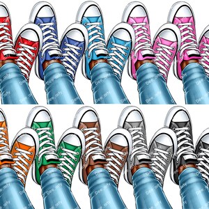 K&ouml;nnte beinhalten: Ein Set aus zehn Paaren bunter Canvas-Sneaker mit wei&szlig;en Schn&uuml;rsenkeln. Die Sneaker sind in zwei Reihen zu f&uuml;nf angeordnet, wobei die Zehenspitzen jedes Paares zum Zentrum des Bildes zeigen. Die Sneaker sind alle abgenutzt und haben einen Used-Look.