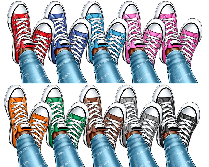 K&ouml;nnte beinhalten: Ein Set aus zehn Paaren bunter Canvas-Sneaker mit wei&szlig;en Schn&uuml;rsenkeln. Die Sneaker sind in zwei Reihen zu f&uuml;nf angeordnet, wobei die Zehenspitzen jedes Paares zum Zentrum des Bildes zeigen. Die Sneaker sind alle abgenutzt und haben einen Used-Look.