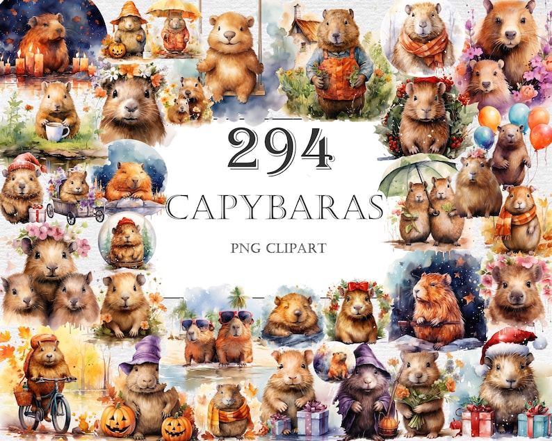 Capybara Watercolor Clipart Bundle - 294 PNG Cute Adorable Capybara ...