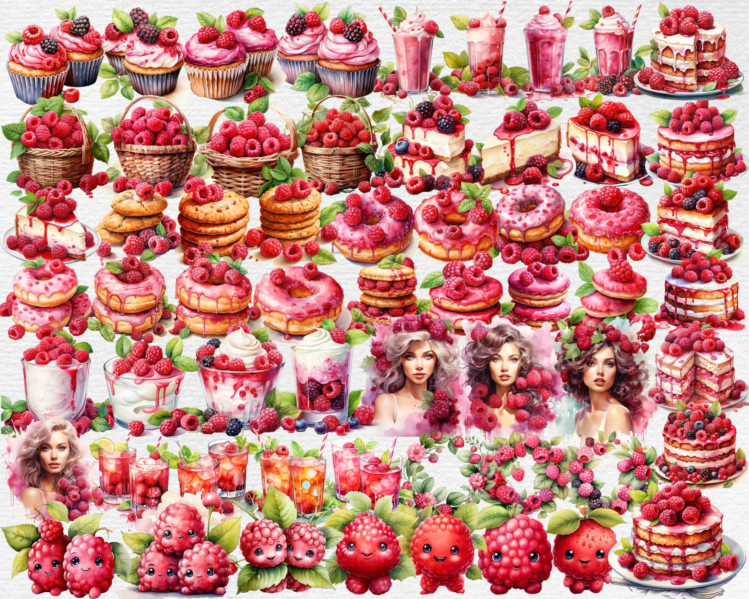 Raspberries Watercolor Clipart Bundle - 241 PNG Images of Berries Cake ...