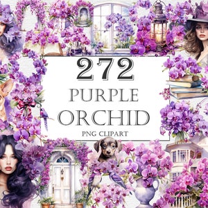 紫色の蘭の花の水彩画クリップアート バンドル - 272 PNG 花の画像、美しい花のグラフィック、即時デジタルダウンロード、商用利用