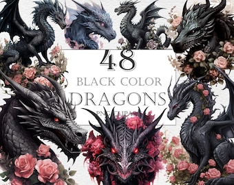 48 Black Dragon Clipart, PNG, Full Commercial Use, Fantasy Clipart, Watercolor Dragon Clipart, Watercolor Clipart with Instant Download