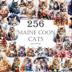 Pacote de clipart de aquarela de gatos Maine Coon - 256 imagens PNG adoráveis, gráficos de gatos fofos para impressão, download digital instantâneo, uso comercial