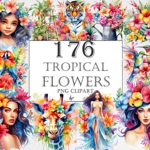 Tropical Flowers Watercolor Clipart Bundle - 176 PNG Flower Images,Summer Exotic Floral Graphics,PNG,Instant Digital Download,Commercial Use