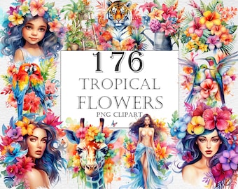 Paquete de imágenes prediseñadas de acuarela de flores tropicales - 176 imágenes de flores PNG, gráficos florales exóticos de verano, PNG, descarga digital instantánea, uso comercial