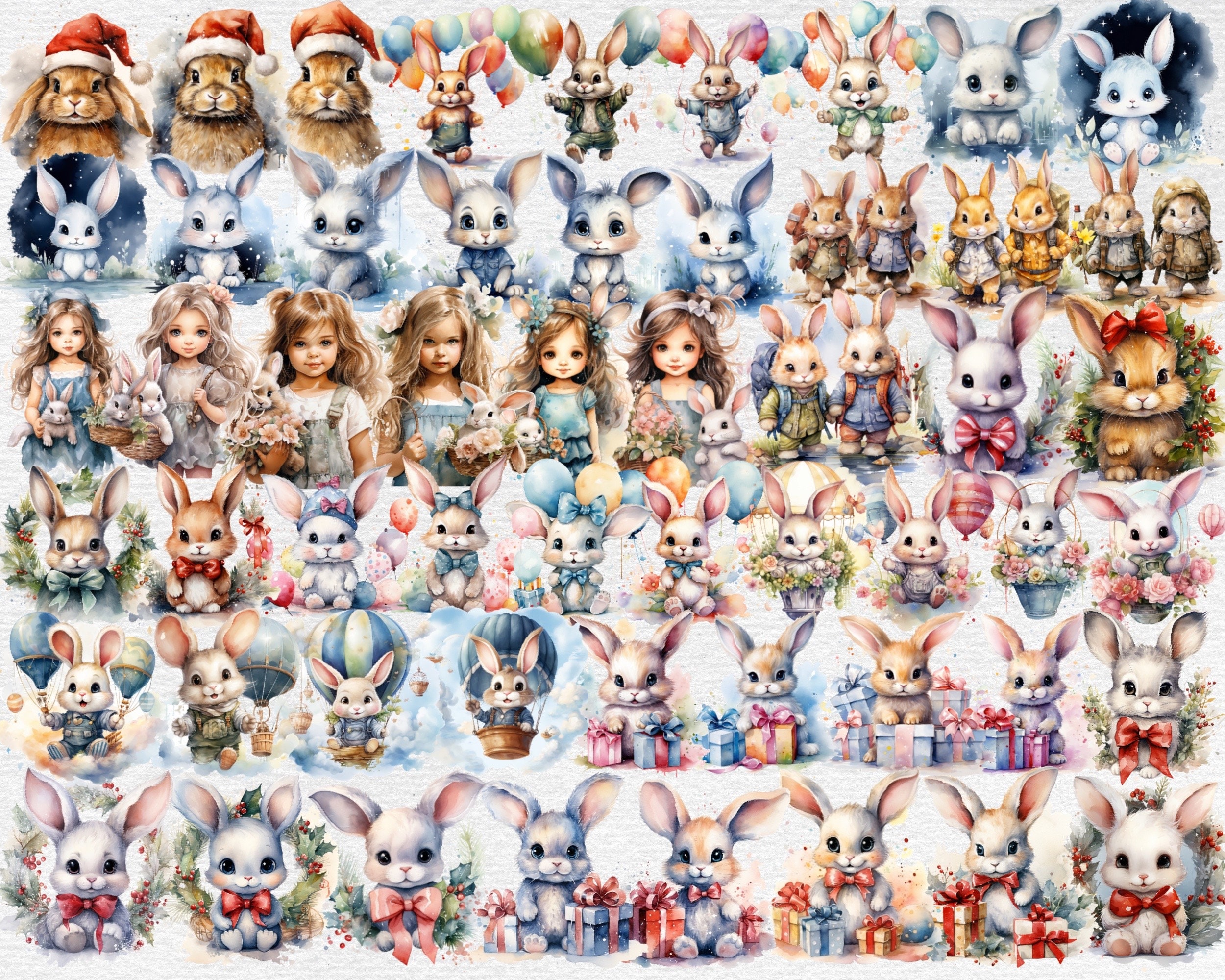 Bunnies Watercolor Clipart Bundle - 557 PNG Cute Adorable Bunny Images ...