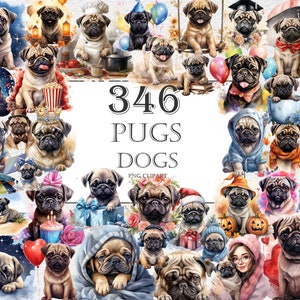 Pugs Watercolor Clipart Bundle - 346 PNG Adorable Pug Images, Cute Dog Graphics,Pug Puppy Printables,Instant Digital Download,Commercial Use