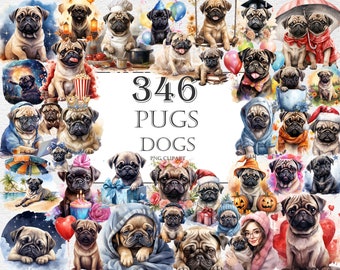 Pugs Watercolor Clipart Bundle - 346 PNG Adorable Pug Images, Cute Dog Graphics,Pug Puppy Printables,Instant Digital Download,Commercial Use