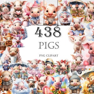 Pigs Watercolor Clipart Bundle - 438 PNG Cute Pig Images, Cartoon style Cute Baby pigs Graphics, Instant Digital Download, Commercial Use