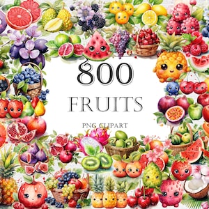 Pacote de clipart de aquarela de frutas - 800 imagens PNG de frutas doces frescas, gráficos saborosos e suculentos e saudáveis, download digital instantâneo, uso comercial