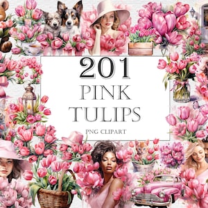 Pink Tulips Watercolor Clipart Bundle, 201 PNG Tulip Flower Images, Beautiful Floral Graphics, PNG, Instant Digital Download, Commercial Use